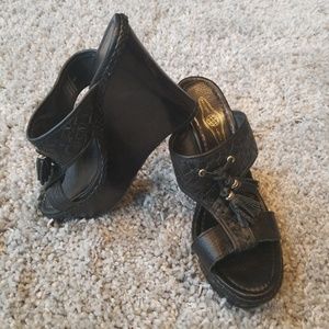 Elliott Lucca Black Leather Tassel Wedges